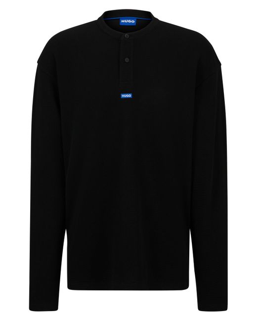 HUGO Black Henley T-shirt With Blue Logo for men