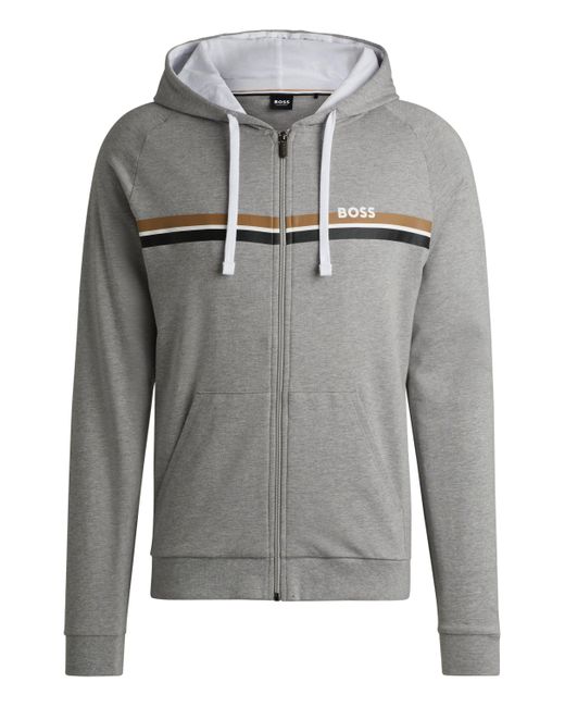 Boss Gray Cotton-terry Zip-up Hoodie With Stripes And Logo for men
