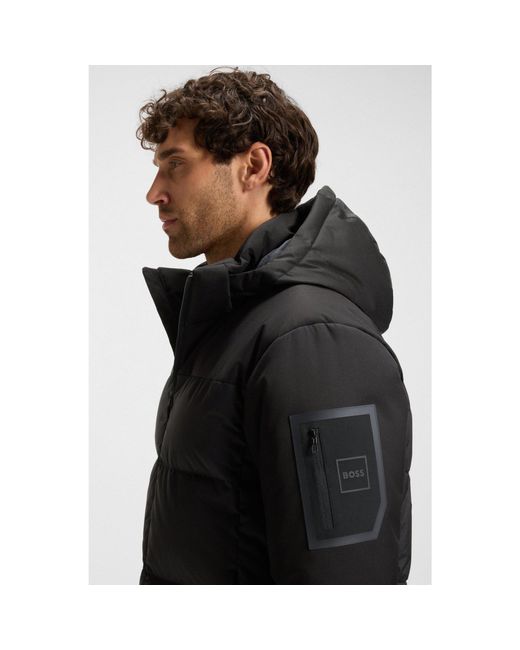 Boss Black Water-Repellent Jacket With Down Filling And Detachable Hood for men