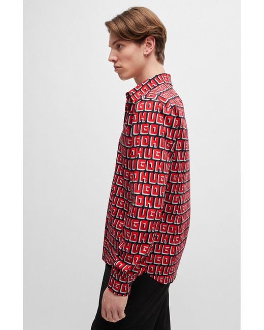HUGO Red Slim-fit Shirt In Logo-print Stretch-cotton Poplin for men