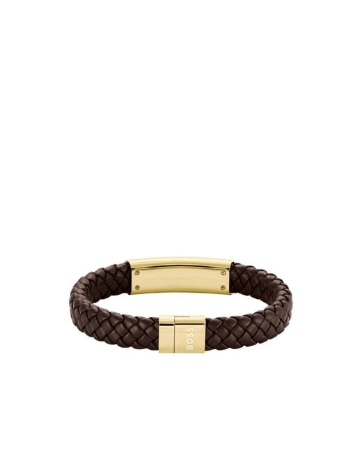 Boss Brown Braided-Leather Cuff With-Tone Logo Plate for men
