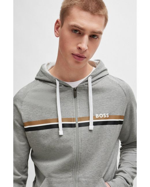 Boss Gray Cotton-terry Zip-up Hoodie With Stripes And Logo for men