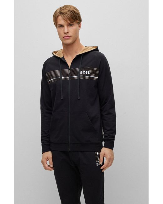 BOSS by Hugo Boss Black Cotton-terry Hoodie With Dot Stripes And Logo for men