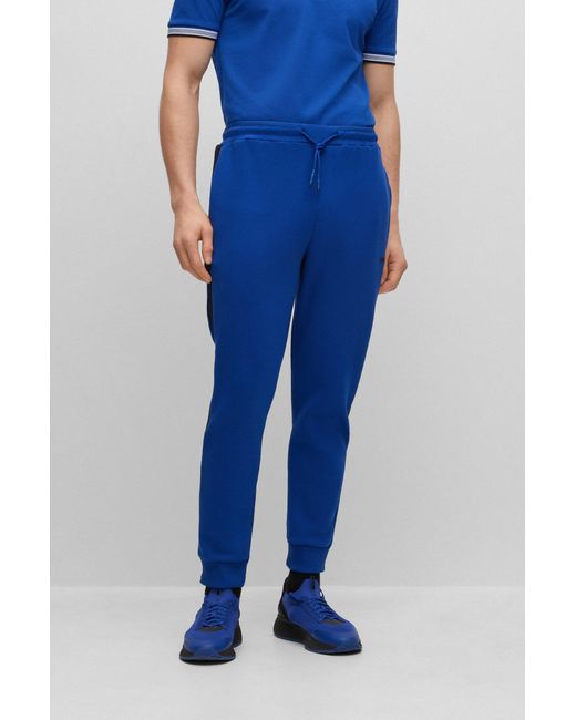 Boss Blue Cotton-blend Tracksuit Bottoms With Side-stripe Tape for men