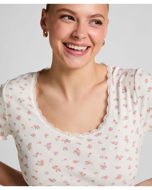 Hunkemöller Gray Geripptes Kurzarm-Top mit Spitze