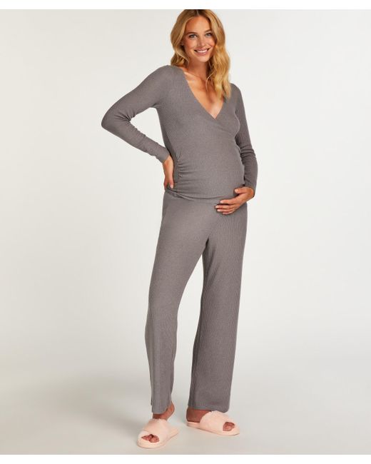 Hunkemöller Gray Gebürstetes, geripptes Umstands-Pyjama-Set