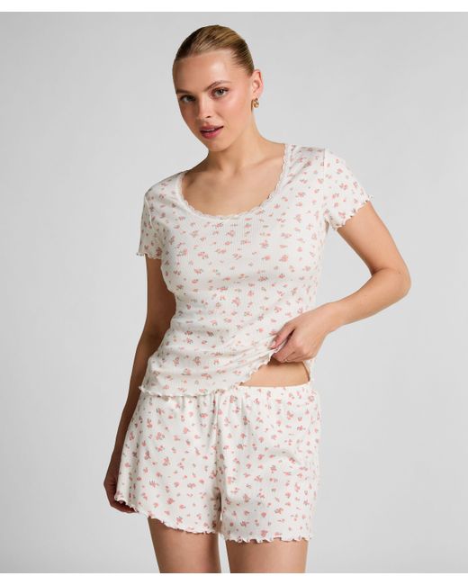 Hunkemöller Gray Geripptes Kurzarm-Top mit Spitze