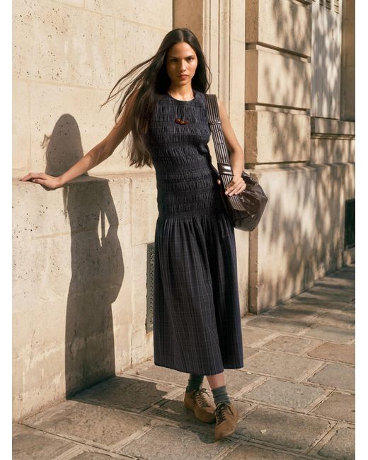 Hush Brown Ismay Shirred Check Cotton Dress