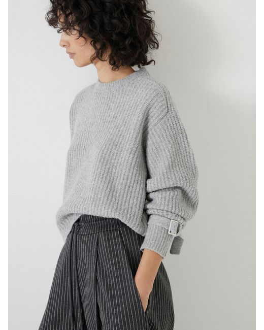Hush Gray Tie And Buckle Detail Textured Knitted Jumper