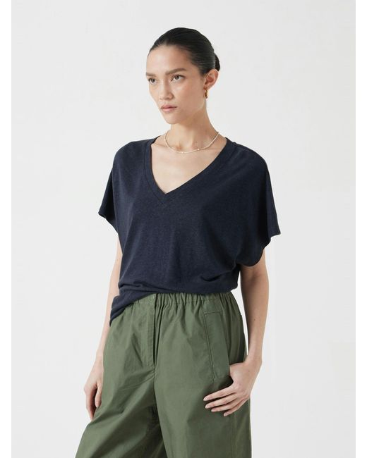 Hush Blue Rosalia Linen Blend V Neck T-Shirt