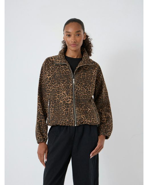 Hush Brown Lumi Funnel Neck Zip Leopard Print Bomber Jacket