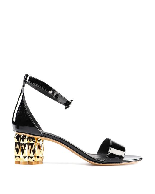 Ferragamo Azalea Flower Heel Patent Leather Sandals in Black - Lyst