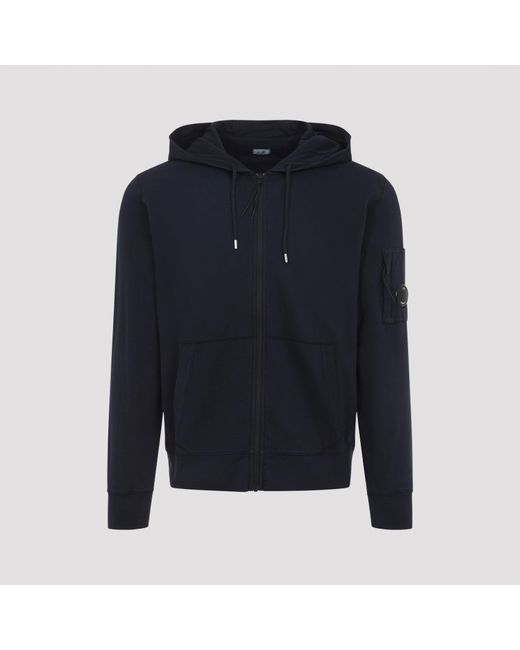 C P Company Blue Minimalist Zip-Up Hoodie With Unique Lens Detail