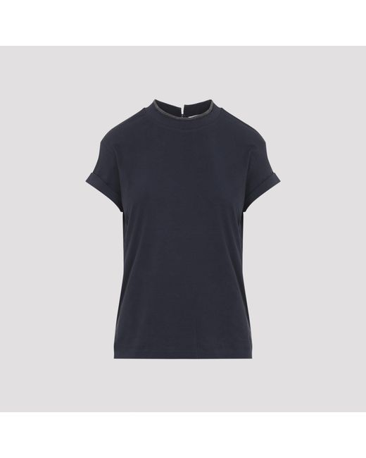Brunello Cucinelli Blue T-Shirt With Precious Faux Layering