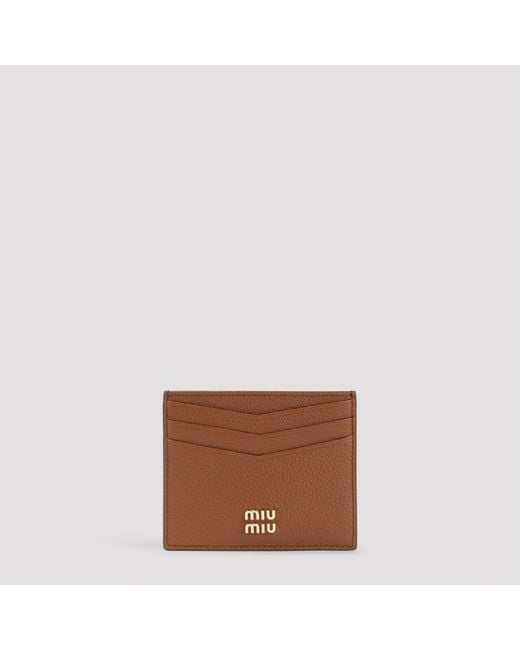 Miu Miu Brown Miu Mini Leather Card Case, 10Cm X 8Cm X 0.5Cm