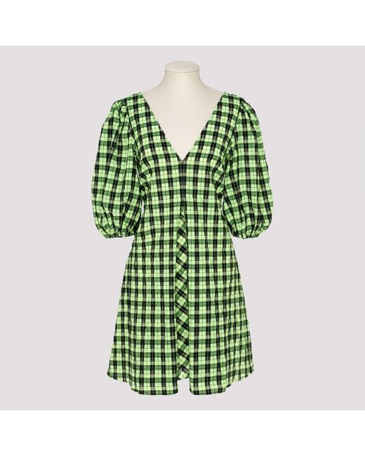 Ganni Green Checked Cotton-blend Seersucker Mini Dress