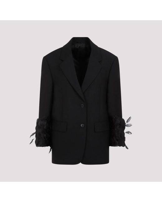 Prada Black Single-breasted Wool Jacket With Feather Trim