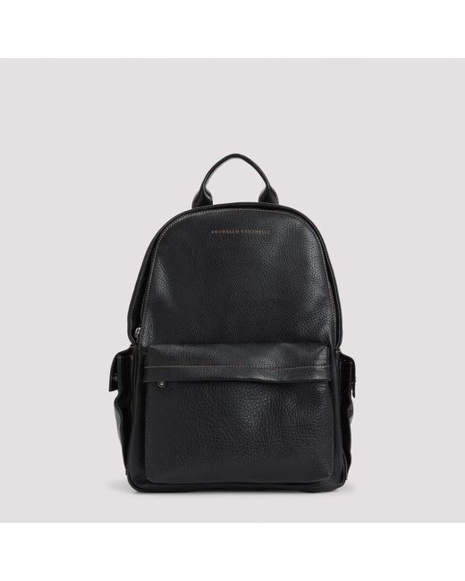 Brunello Cucinelli Black Grained Leather Backpack With Compartments (W 32Cm, H 44Cm, D 17Cm) for men