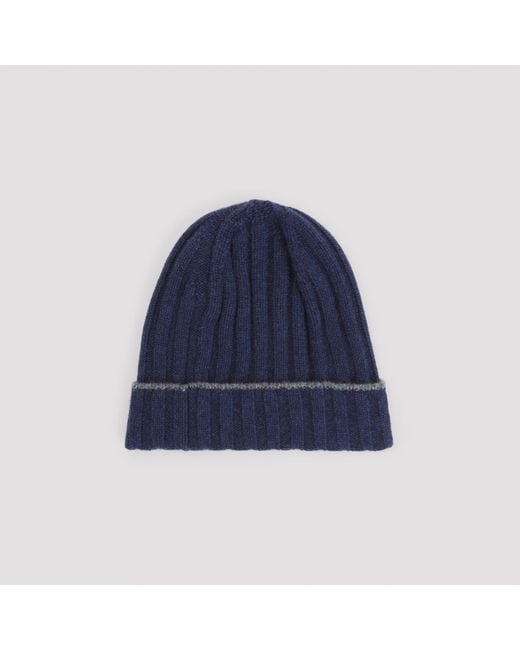 Brunello Cucinelli Blue Cashmere Beanie Hat for men