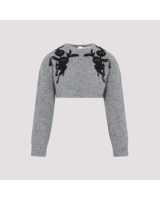 Erdem Gray Cropped Long Sleeve Knit Sweater