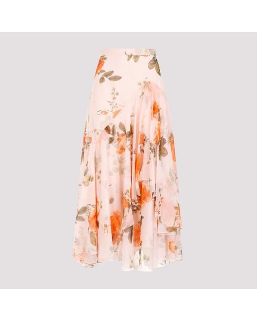 Erdem Orange Shell Pink Silk Midi Skirt With Tiered Frilled Hem