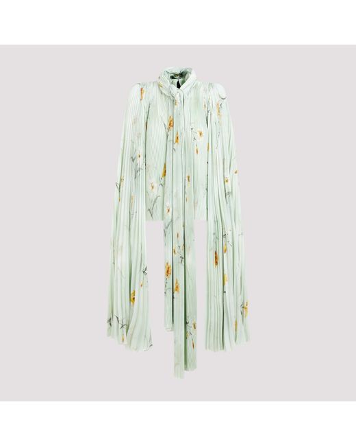 Balenciaga Green Elegant Floral Pleated Blouse With Padded Shoulders