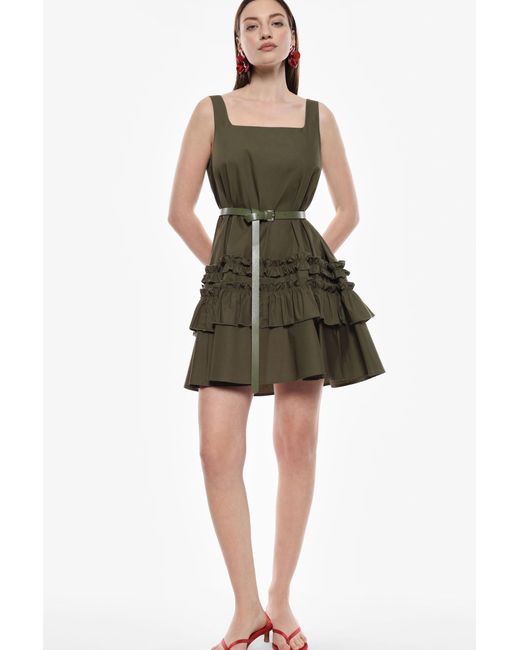 Vestido Corto Con Volantes Y Cinturón Imperial de color Green