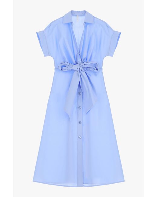 Robe mi-longue pur coton avec d茅tail ajour茅 et n艙ud Imperial en coloris Blue