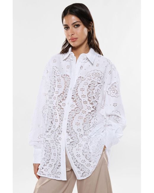 Camicia Oversize Ricamata Effetto Trasparenza Con Colletto Classico di Imperial in White
