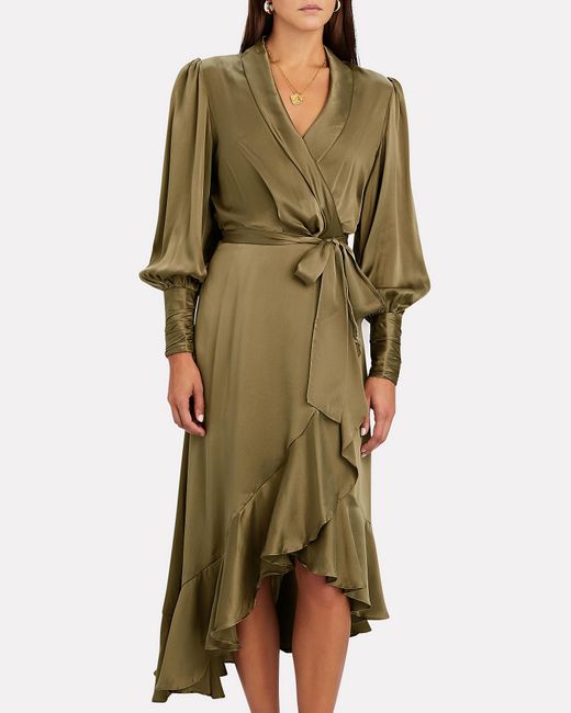 Zimmermann Silk Midi Wrap Dress in Olive (Green) - Lyst