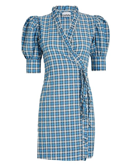 Ganni Seersucker Wrap Mini Dress in Blue-lt (Blue) - Lyst