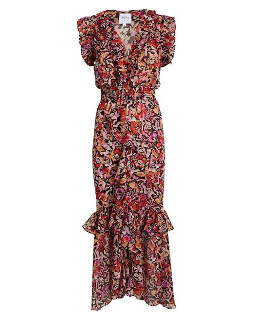 MISA Los Angles Kidada Ruffled Floral Chiffon Maxi Dress in Red | Lyst