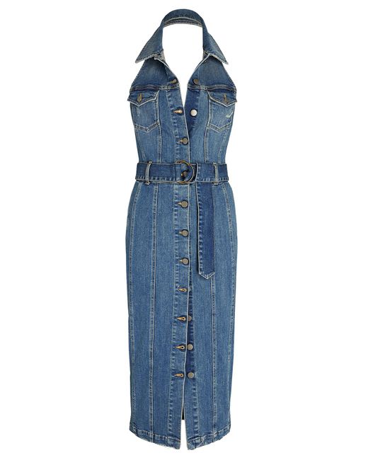 retroféte Logan Belted Denim Midi Halter Dress in Sapphire (Blue) | Lyst Canada