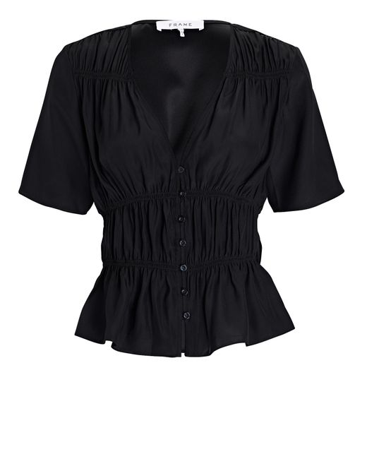 FRAME Ruched V-neck Short Sleeve Silk Blouse in Black | Lyst Canada