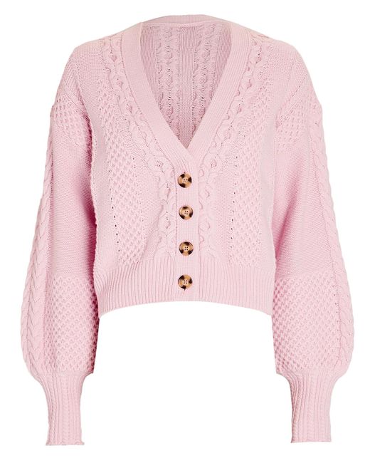 Intermix Wool Milana Cable Knit Vneck Cardigan in Pink Lyst