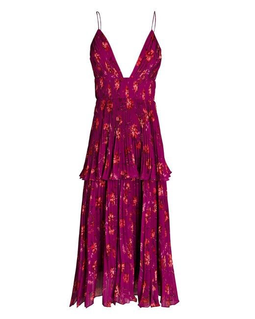 AMUR Catarina Tiered Floral Midi Dress in Purple | Lyst
