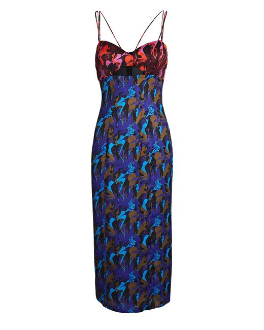 STAUD Satin Sketching Cut-out Printed Midi Dress in Blue | Lyst