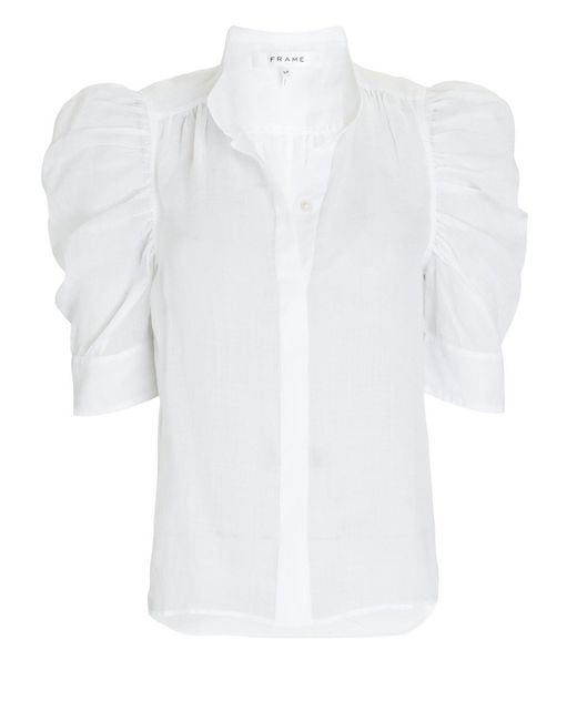 FRAME Gillian Ramie Puff Sleeve Blouse in White | Lyst Canada