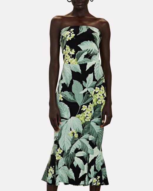 Norma Kamali Floral Strapless Fishtail Midi Dress in Green | Lyst