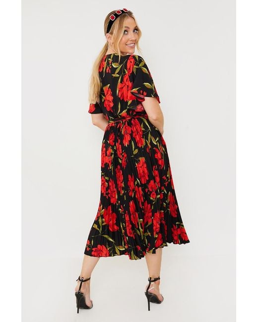 JAC JOSSA Black Floral Print Pleated Wrap Midi Dress