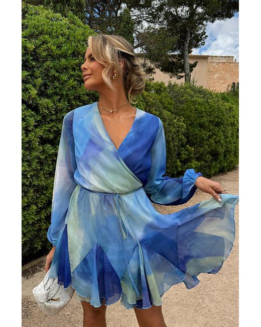 Perrie Sian Blue Abstract Print Chiffon Wrap Godet Frill Mini Dress