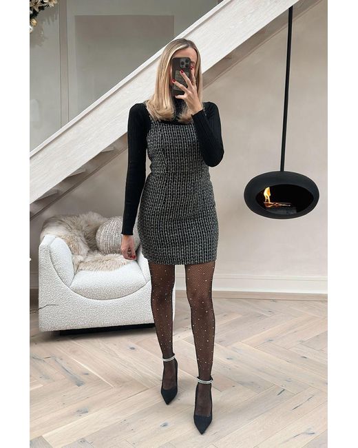 Perrie Sian Tweed Pinafore Mini Dress in Black Lyst UK