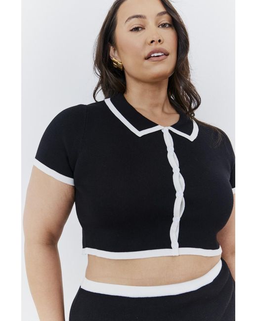 In The Style Natural Contrast Piping Knit Co Ord Crop Top