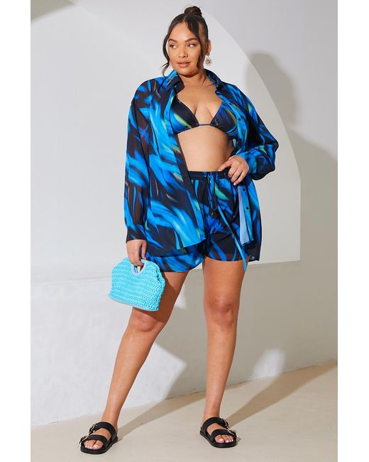 Perrie Sian Blue Abstract Print Chiffon Co-Ord Beach Short