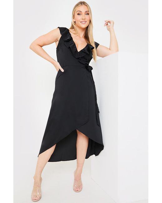 JAC JOSSA Black Plunge Seeveless Frill Wrap Dress