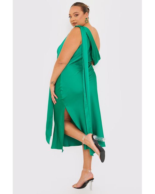 Terrie Mcevoy Green Satin Asymmetric Neckline Midi Dress