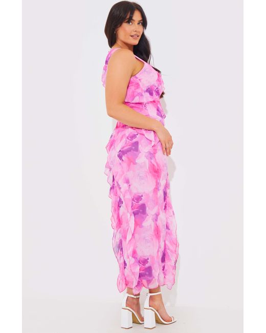 JAC JOSSA Pink Abstract Floral Frill Detail Maxi Dress