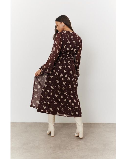 In The Style Brown Floral Print Chiffon Tie Front Balloon Sleeve Midi Dress