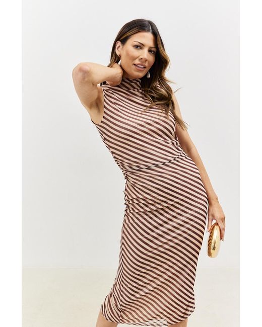 JAC JOSSA Brown Stripe Printed Mesh Bodycon Midaxi Dress