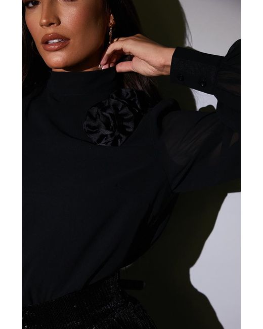 Perrie Sian Black Chiffon Balloon Sleeve Detachable Corsage Blouse